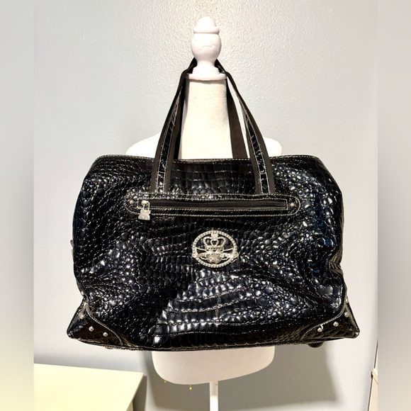 Kathy Van Zeeland Shiny Black Croc-Embossed Tote - Picture 1 of 11